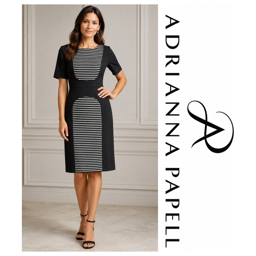 Adrianna Papell Black White Striped Short Sleeve Sheath Dress Quiet Luxury Sz 6